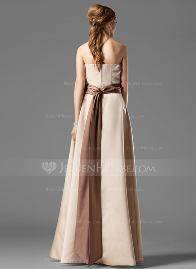 A-Line/Princess Strapless Floor-Length Satin Bridesmaid Dress With Sash (007004115)