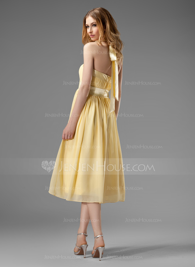 Vestidos princesa/ Formato A Frente única Comprimento de chá Chifon Charmeuse Vestido de madrinha com Pregueado (007000956)