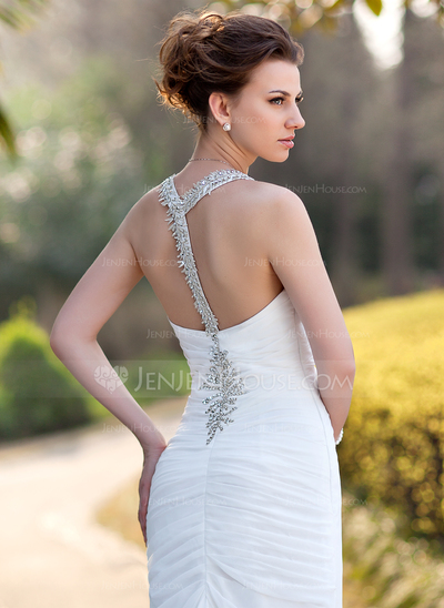 Sheath/Column V-neck Chapel Train Chiffon Wedding Dress With Ruffle Beadwork Sequins (002005012)