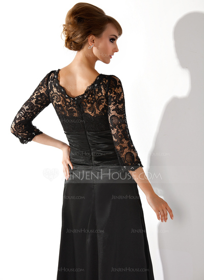 Linjeform Scoop Hals Gulv lengde Charmuse Kjole til brudens mor med Frynse Blonde Beading (008006037)