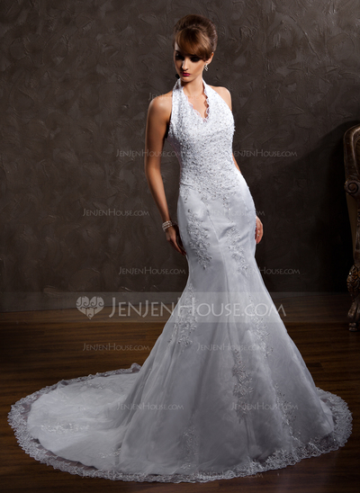 Vestidos princesa/ Formato A Frente única Cauda capela cetim Tule Vestido de noiva com Renda Bordado (002000297)
