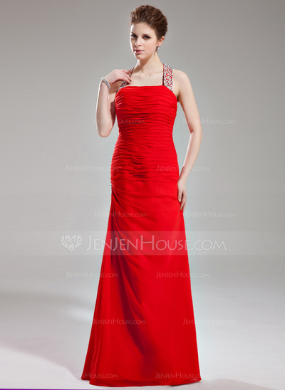 Tubo Frente única Vestidos longo Chifon Vestido de festa com Pregueado Beading Sequins (017002264)