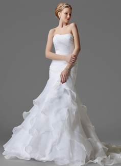 Sereia Um ombro Cauda corte Organza Cetim Vestidos de noiva com Pregueado Bordado fecho de correr (002004150)