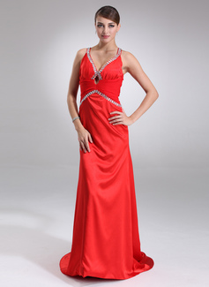 Sheath V-neck Watteau Train Chiffon Charmeuse Prom Dress With Ruffle Beading (018002767)