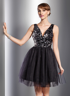 Vestidos princesa/ Formato A Decote V Na altura do joelho Tule Lantejoulas Vestido de cocktail (016014726)