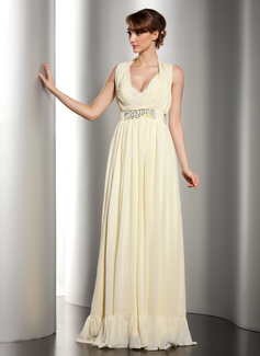 Sheath Halter V-neck Floor-Length Chiffon Holiday Dress With Ruffle Beading (020014532)