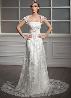 Sheath/Column Square Neckline Court Train Satin Lace Wedding Dress With Ruffle Beadwork Sequins (002004755)