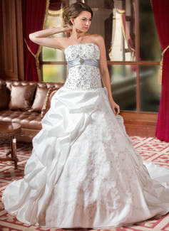 Ball-Gown Strapless Cathedral Train Taffeta Organza Wedding Dress With Embroidery Ruffle Sashes Beadwork Sequins (002004589)