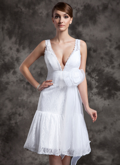 A-formet/Prinsesse V-hals Knelengde Organza Blonde Brudekjole med Blomst(er) (002024078)