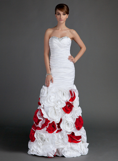 Corte sirena Escote corazón Hasta el suelo Tafetán Vestido de baile de promoción con Volantes Bordoneado Flores (018015703)