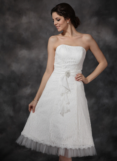 A-Line/Principessa A cuore Sotto il ginocchio Chiffon Tulle Pizzo Abiti per matrimonio con Increspature Pin floreale in cristallo (002021293)