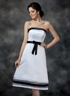 A-Line/Princess Strapless Tea-Length Organza Satin Bridesmaid Dress With Sash (007000903)