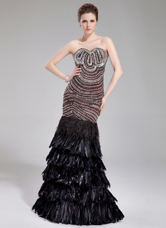 Sereia Coração Vestidos longo Cetim pena Vestido de festa com Bordado (017019457)