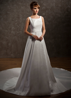 A-Line/Princess Scoop Neck Watteau Train Taffeta Wedding Dress With Ruffle (002011646)