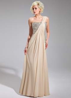 Sheath One-Shoulder Floor-Length Chiffon Sequined Evening Dress With Ruffle (017019740)