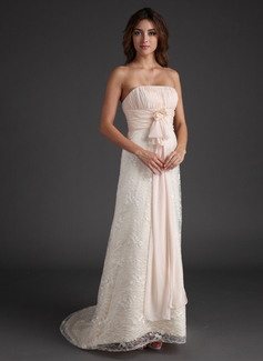 Empire Strapless Sweep Train Chiffon Lace Bridesmaid Dress With Ruffle (007016857)
