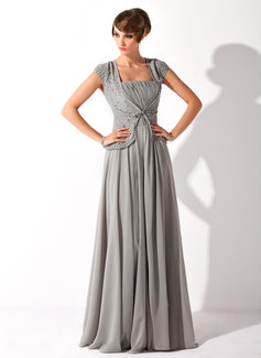 A-formet/Prinsesse Firkantet hals Gulv lengde Chiffon Kjole til brudens mor med Frynse Beading (008005692)