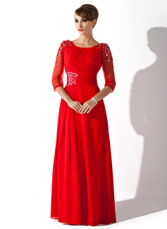 A-Line/Princess Scoop Neck Floor-Length Chiffon Tulle Mother of the Bride Dress With Ruffle Beading Sequins (008005752)