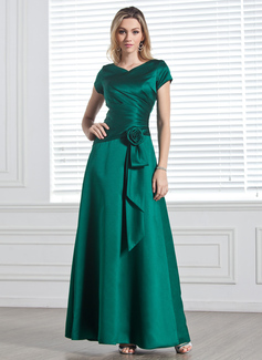 A-Line/Princess V-neck Floor-Length Satin Bridesmaid Dress With Ruffle Flower(s) (007001491)