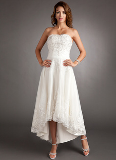 A-Line/Princess Sweetheart Asymmetrical Satin Tulle Wedding Dress With Lace Beadwork (002011546)
