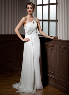 A-Line/Princess One-Shoulder Sweep Train Chiffon Holiday Dress With Ruffle Beading Sequins (020025958)