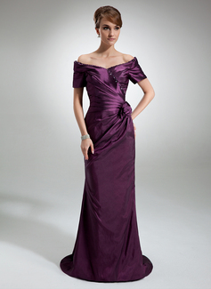 Sheath Off-the-Shoulder Sweep Train Taffeta Mother of the Bride Dress With Ruffle Beading Flower(s) (008006321)