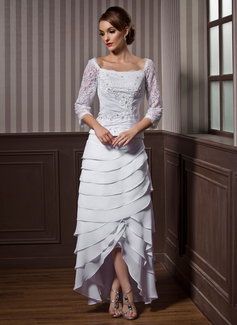 A-Lijn/Prinses Vierkante Neklijn A-Symmetrisch Chiffon Bruidsjurk met Roes Kant Kraalwerk (002012184)