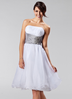 Vestidos princesa/ Formato A Sem alça Curto/ Mini Tafetá Organza Vestido de madrinha com Pregueado faixa Beading (007005224)