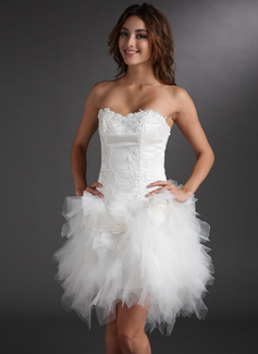 Vestidos princesa/ Formato A Coração Curto/ Mini cetim Tule Vestido de cocktail com Rendas fecho de correr (016008220)