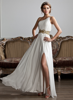 A-Line/Princess One-Shoulder Floor-Length Chiffon Prom Dress With Ruffle Beading (018020706)