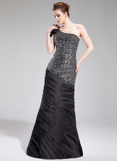 Sereia Um ombro Vestidos longo Charmeuse Lantejoulas Vestidos de festa com Pregueado fecho de correr (017019444)