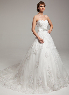 Ball-Gown Sweetheart Court Train Satin Tulle Wedding Dress With Lace Beadwork (002017538)