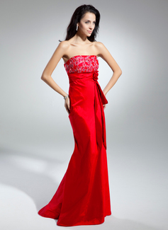 Sheath Strapless Sweep Train Taffeta Prom Dress With Embroidered Ruffle Beading Flower(s) (018014945)