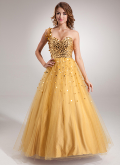 Ball-Gown One-Shoulder Floor-Length Tulle Sequined Prom Dress With Beading (018022508)