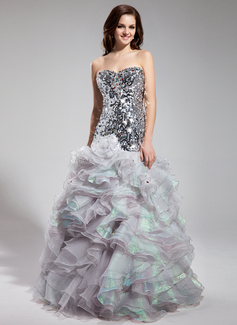 Corte sirena Escote corazón Hasta el suelo Organza Con lentejuelas Vestido de baile de promoción con Bordoneado (018018898)