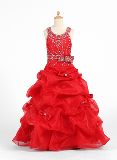A-Line/Princess Scoop Neck Floor-Length Organza Charmeuse Flower Girl Dress With Ruffle Beading (010007425)
