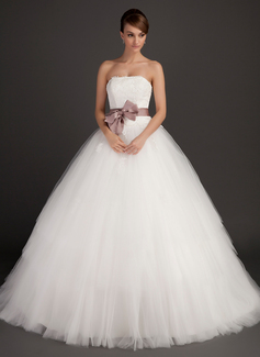 Ball-Gown Strapless Sweep Train Satin Tulle Wedding Dress With Lace Sashes (002015495)