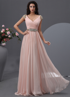 A-Line/Princess V-neck Floor-Length Chiffon Prom Dress With Ruffle Beading (018022748)