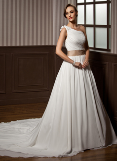 A-Line/Principessa Monospalla Coda a strascico cappella Chiffon Charmeuse Abito per matrimonio con Increspature Fusciacche Perline Fiori (002011564)
