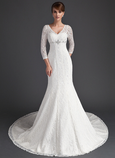 Mermaid V-neck Chapel Train Satin Lace Wedding Dress With Beadwork (002011525)