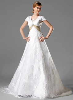 A-Line/Princess Square Neckline Chapel Train Satin Lace Wedding Dress With Lace Sashes Crystal Brooch (002000125)