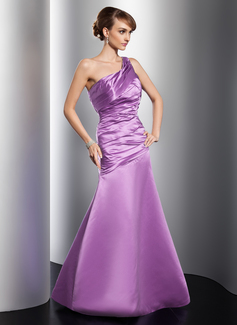 A-Line/Princess One-Shoulder Floor-Length Satin Evening Dress With Ruffle (017014789)