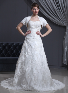 A-Line/Princess Sweetheart Court Train Charmeuse Lace Wedding Dress With Beadwork (002000310)