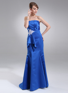 Mermaid Scalloped Neck Sweep Train Satin Prom Dress With Ruffle Beading Appliques (018005101)
