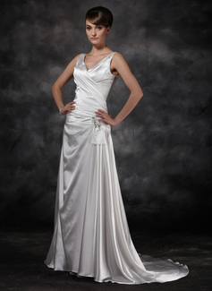 A-Line/Princess V-neck Court Train Charmeuse Wedding Dress With Ruffle Beadwork Sequins (002011434)