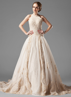 Corte A/Princesa Escote halter Cola capilla satén tela Vestido de novia con encaje Bordado (002000154)