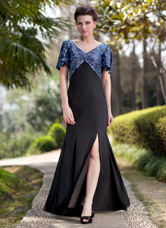 Sheath V-neck Floor-Length Chiffon Sequined Mother of the Bride Dress With Ruffle (008018719)
