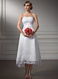 A-Line/Princess Sweetheart Asymmetrical Organza Satin Wedding Dress With Lace Beadwork Sequins (002008177)