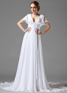 Vestidos princesa/ Formato A Decote V Cauda corte Tecido de seda Vestidos de noiva com Pregueado Renda Bordado (002000687)