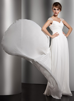 A-Line/Princess V-neck Watteau Train Chiffon Evening Dress With Ruffle Beading (017005601)